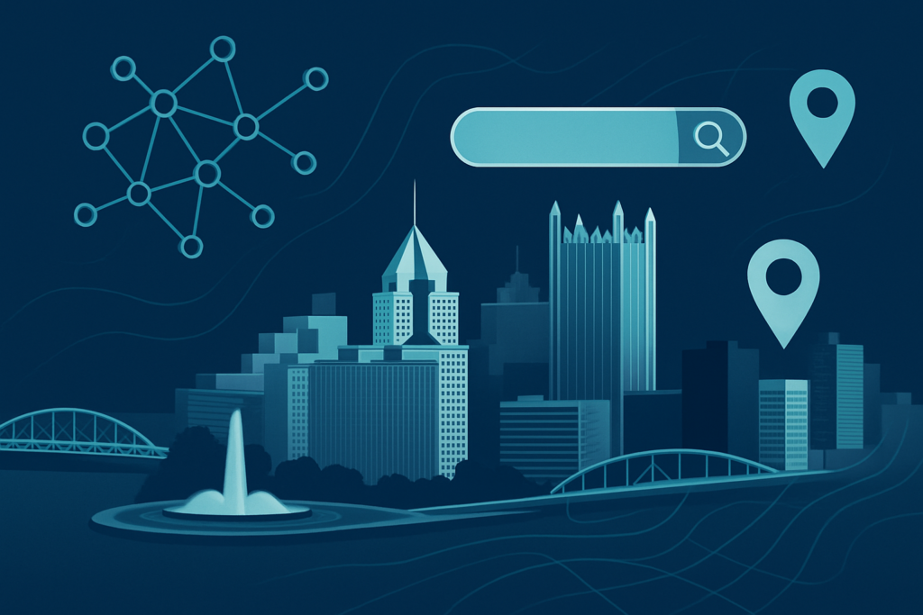 Pittsburgh skyline with AI and local SEO digital marketing concept - Paper Box SEO